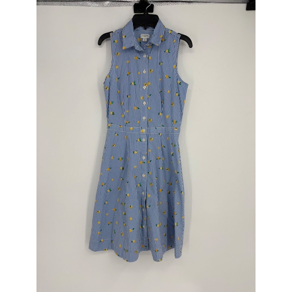 J.Crew Dress Women 0 Blue Lemon Print Striped Sleeveless Button Front Shirtdress